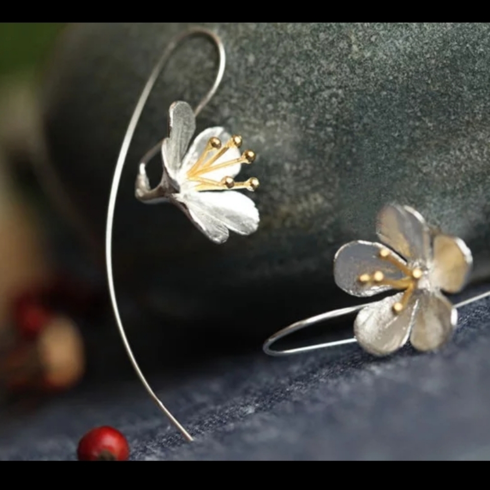 925 Silver Gold Long Feed Through Flower Earrings